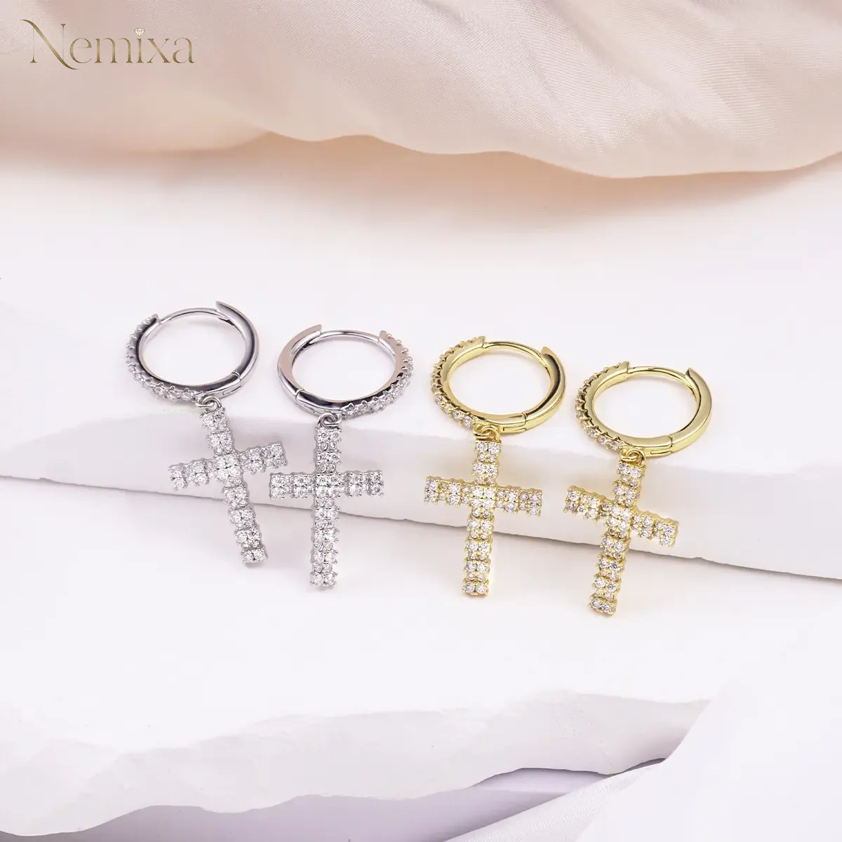 Nemixa S925 Cross Moissanite Hoop Earrings, D Color VVS Lab-Created Moissanite, Unisex-Nemixa