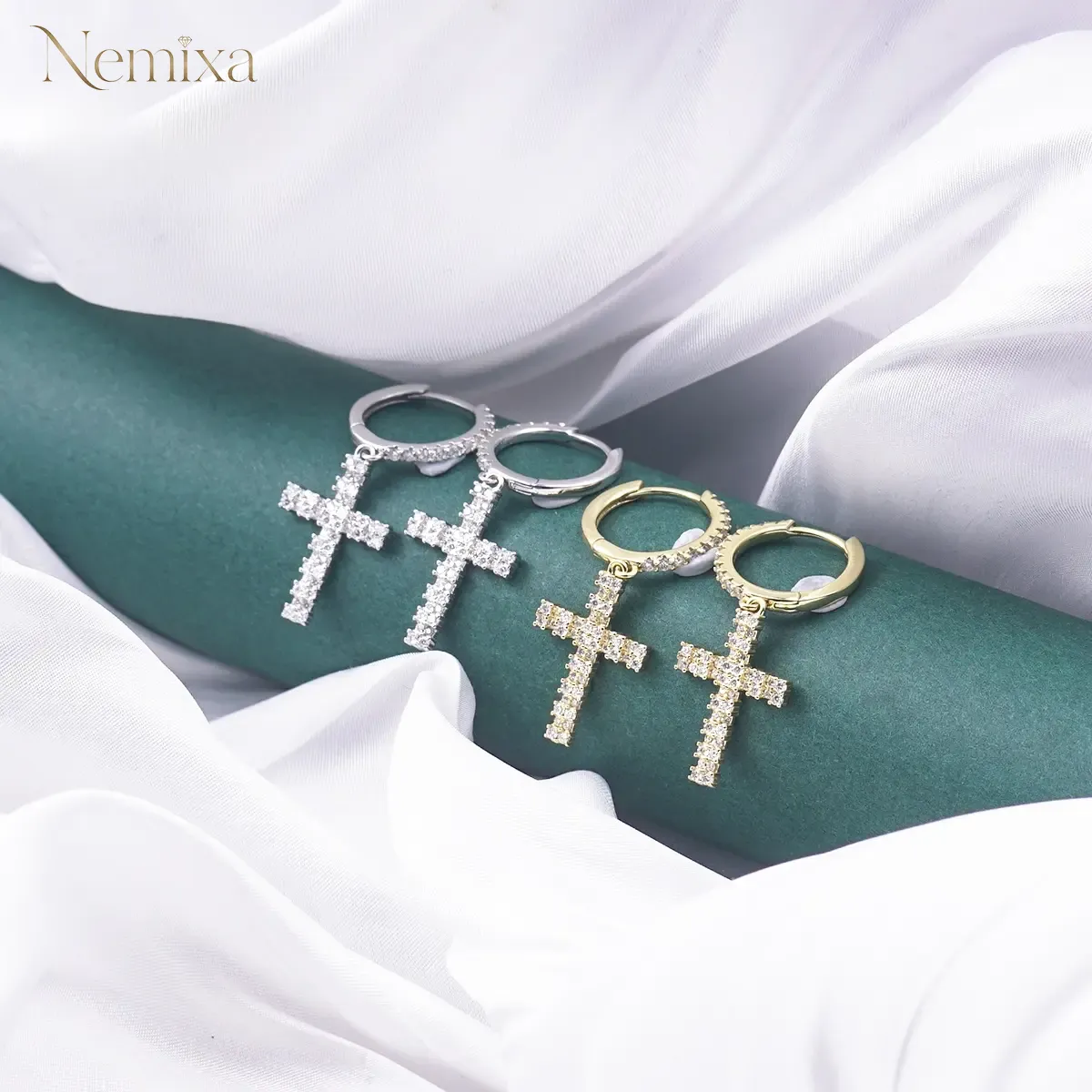 Nemixa S925 Cross Moissanite Hoop Earrings, D Color VVS Lab-Created Moissanite, Unisex-Nemixa