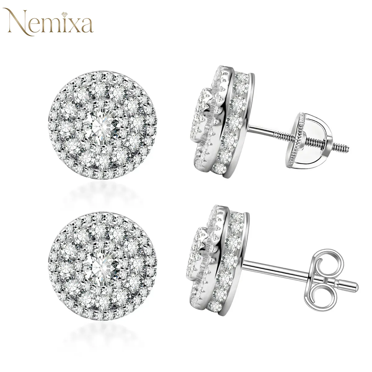 Nemixa S925 Circular Moissanite Stud Earrings, D Color VVS Lab-Created Moissanite, 0.8–3 CTW, Push or Screw Back-Nemixa
