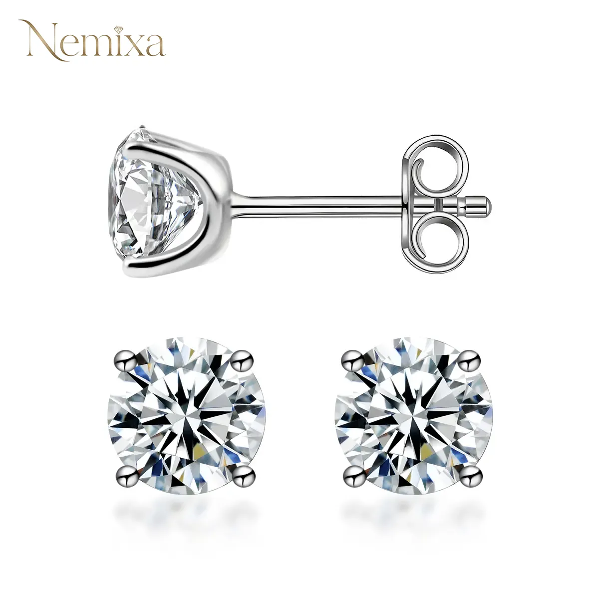 Nemixa S925 Four-Prong Moissanite Stud Earrings, D Color VVS Lab-Created Moissanite, Screw/Butterfly Back-Nemixa