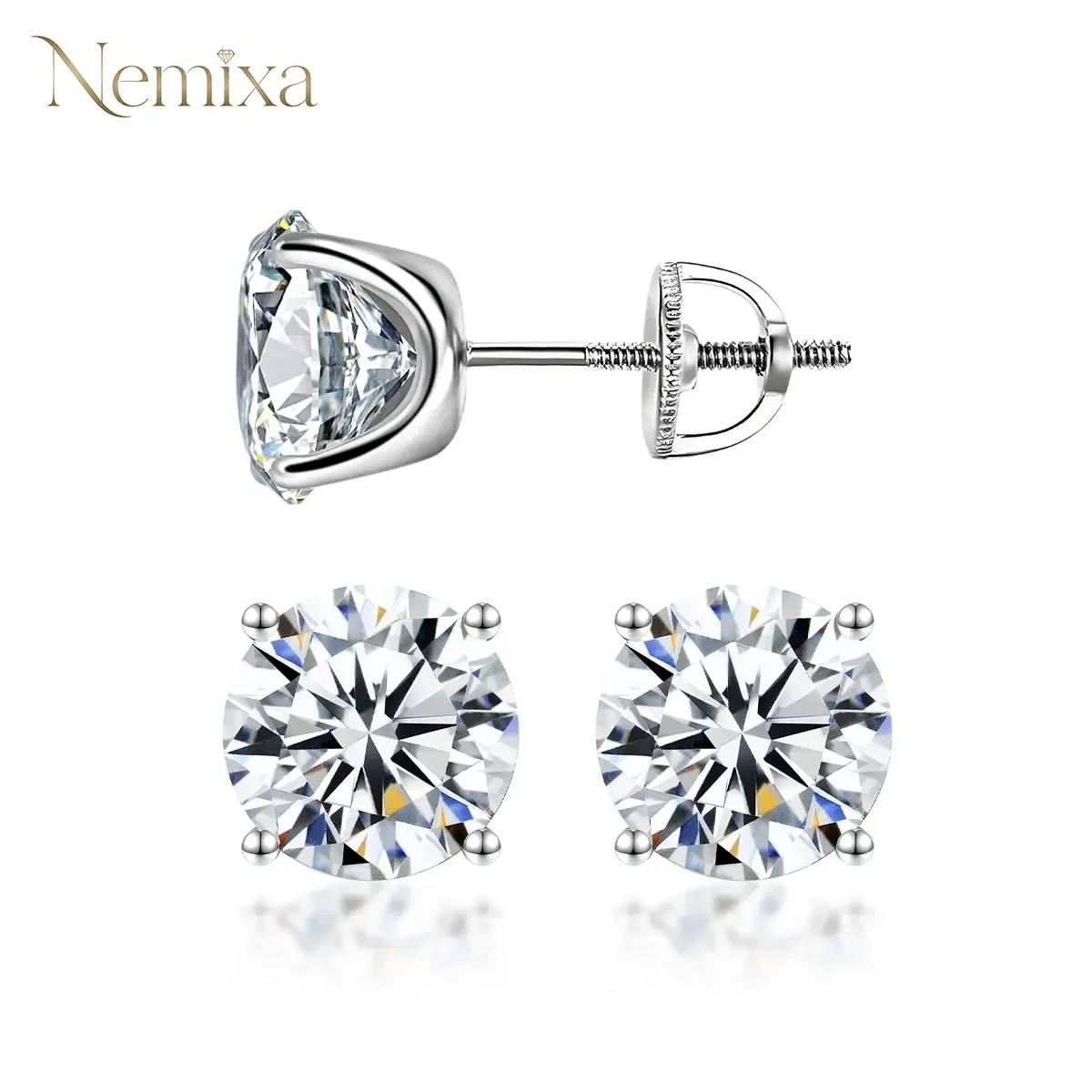 Nemixa S925 Four-Prong Moissanite Stud Earrings, D Color VVS Lab-Created Moissanite, Screw/Butterfly Back-Nemixa