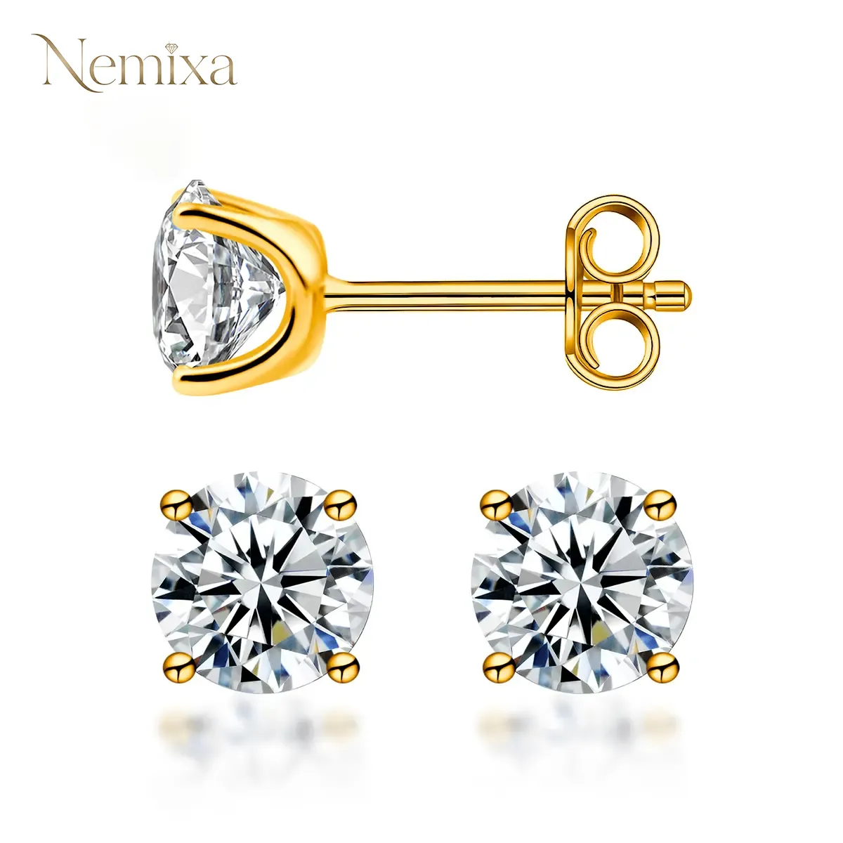 Nemixa S925 Four-Prong Moissanite Stud Earrings, D Color VVS Lab-Created Moissanite, Screw/Butterfly Back-Nemixa