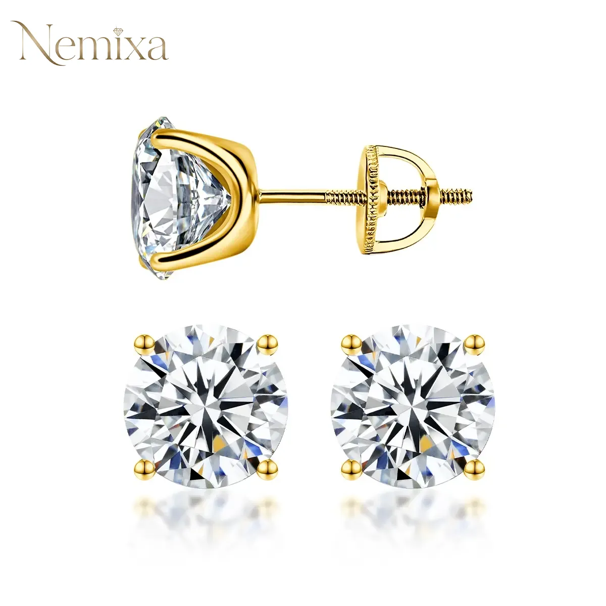 Nemixa S925 Four-Prong Moissanite Stud Earrings, D Color VVS Lab-Created Moissanite, Screw/Butterfly Back-Nemixa