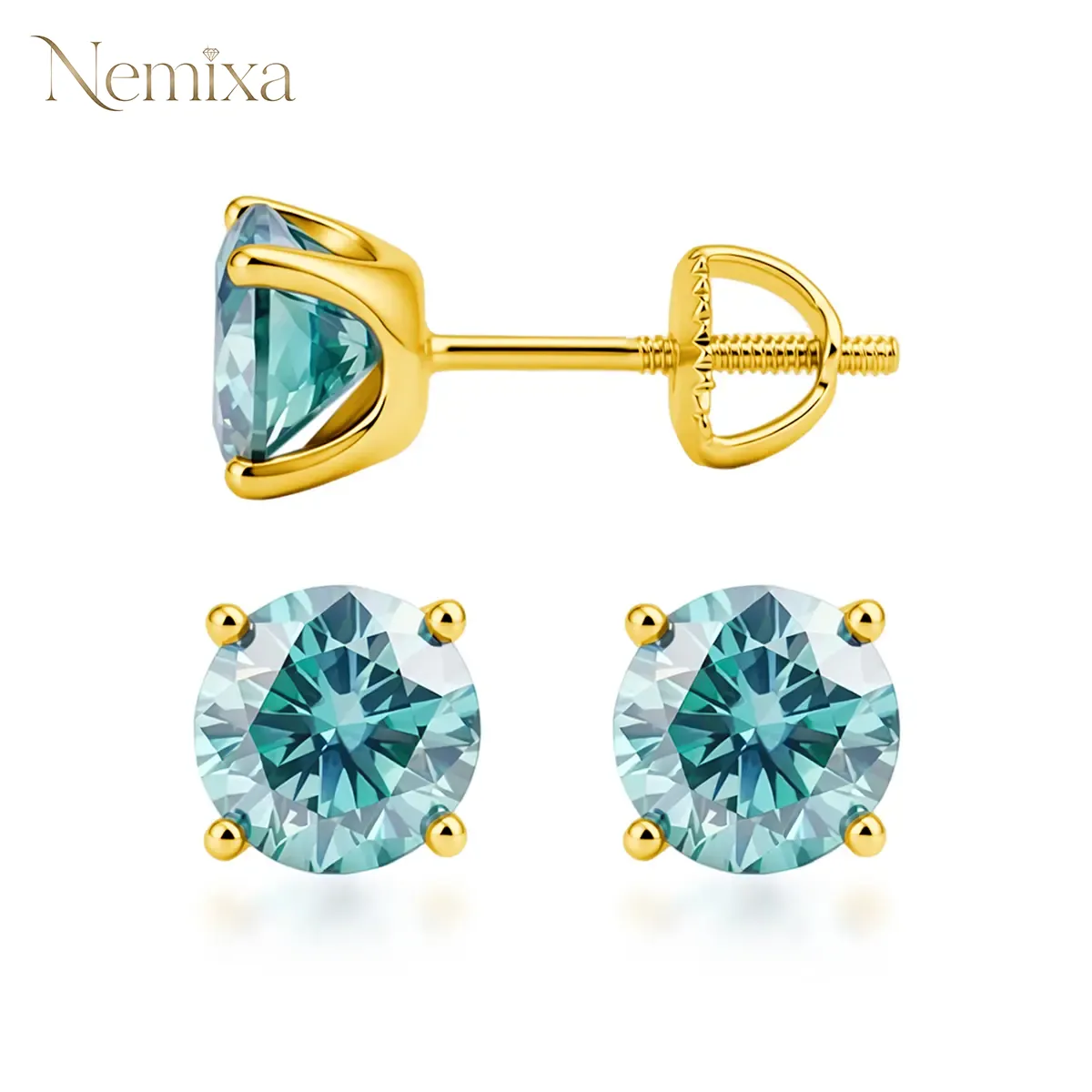Nemixa S925 Four-Prong Moissanite Stud Earrings, D Color VVS Lab-Created Moissanite, Screw/Butterfly Back-Nemixa