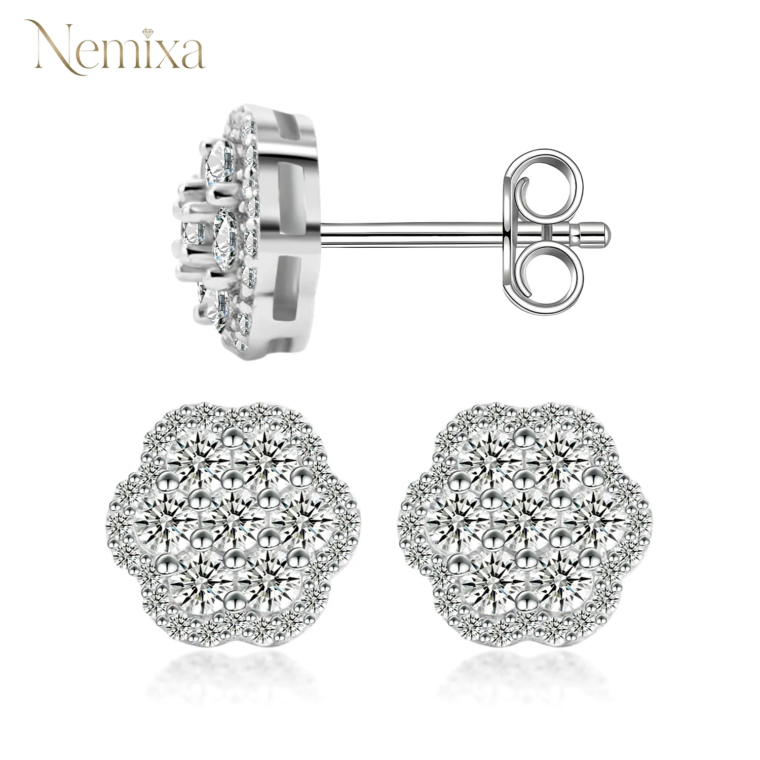 Nemixa S925 Flower Cluster Moissanite Stud Earrings, D Color VVS Lab-Created Moissanite, 0.8 CTW-Nemixa