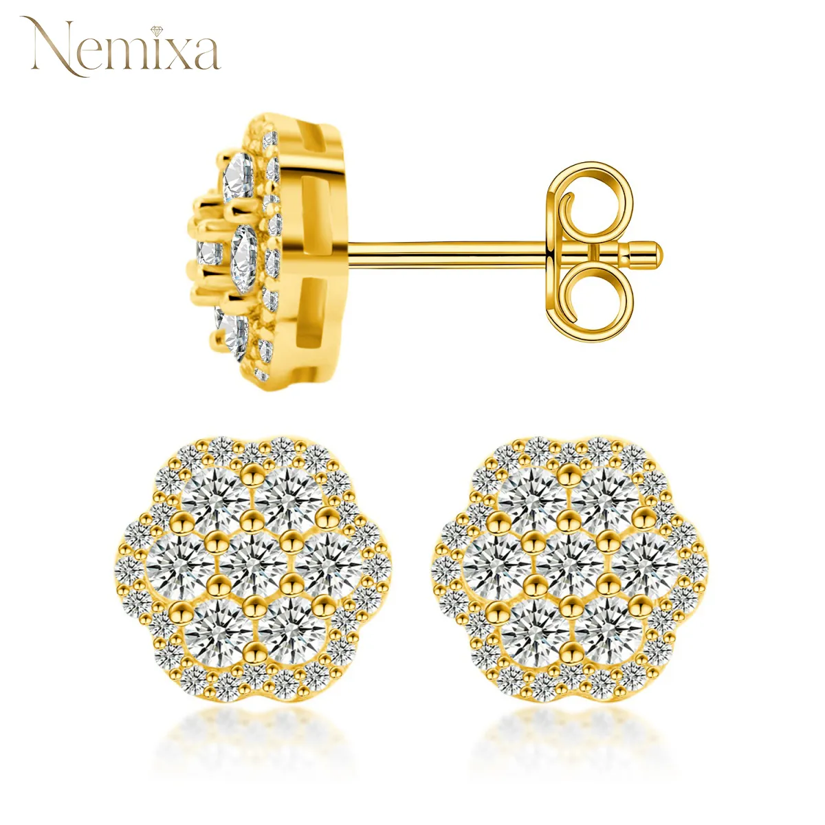 Nemixa S925 Flower Cluster Moissanite Stud Earrings, D Color VVS Lab-Created Moissanite, 0.8 CTW-Nemixa