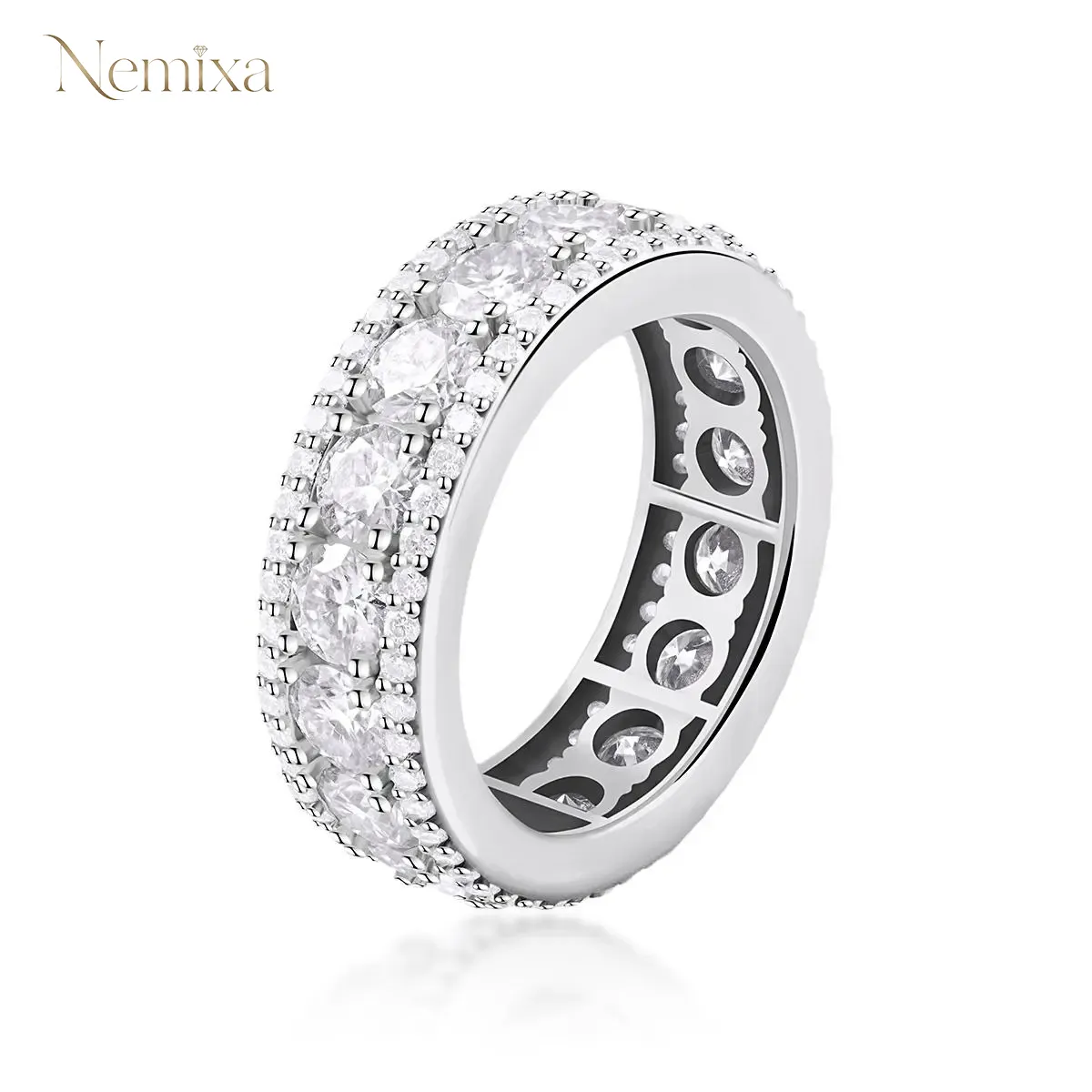 Nemixa Round Lab-Created Moissanite Iced-Out Band Ring, D Color VVS, 18K Gold-Plated S925 Sterling Silver/Copper, Hip Hop Style