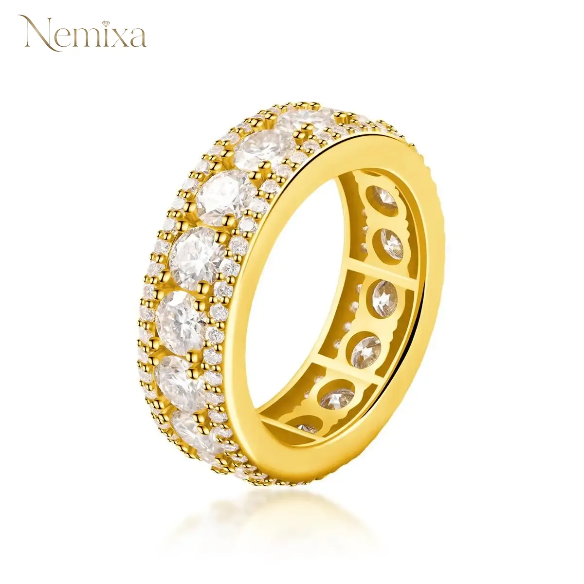 Nemixa Round Lab-Created Moissanite Iced-Out Band Ring, D Color VVS, 18K Gold-Plated S925 Sterling Silver/Copper, Hip Hop Style