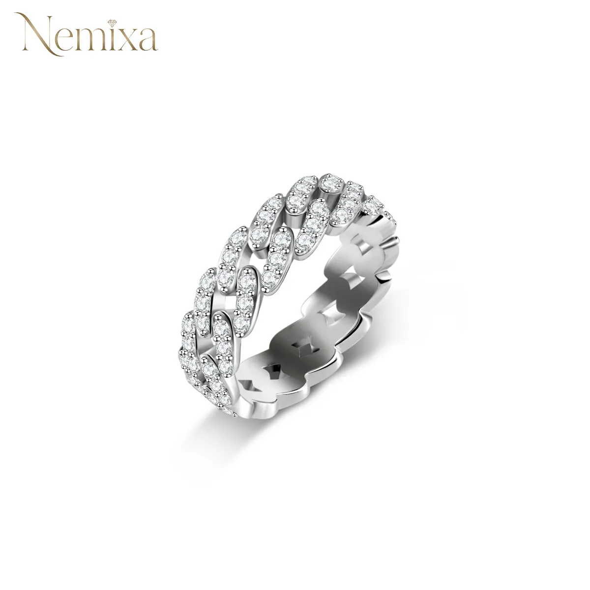 Nemixa S925 Cuban Link Moissanite Ring, D Color VVS Lab-Created Moissanite, Unisex-Nemixa