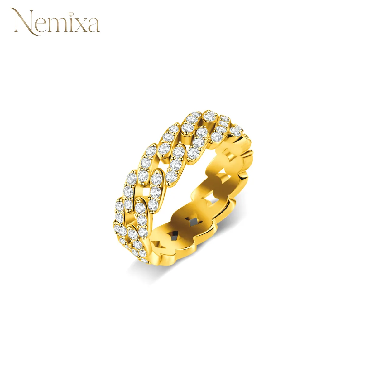 Nemixa S925 Cuban Link Moissanite Ring, D Color VVS Lab-Created Moissanite, Unisex-Nemixa