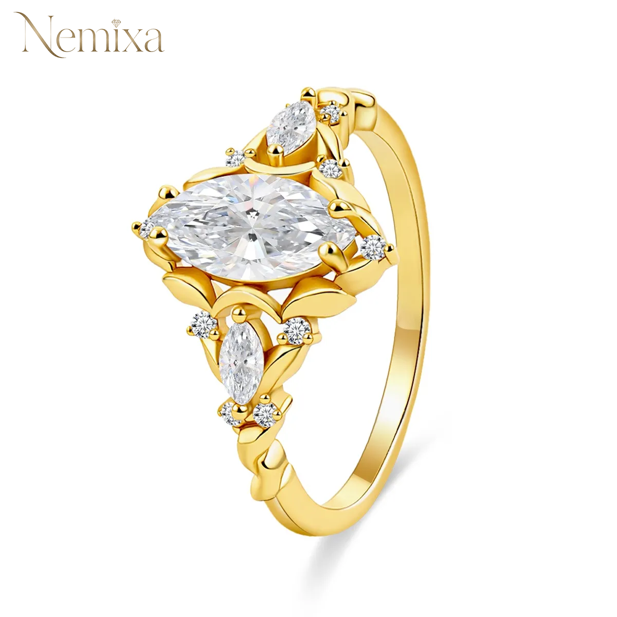 Nemixa Marquise-Cut Lab-Created Moissanite Ring, Solitaire Setting, Silver or Gold-Tone Alloy