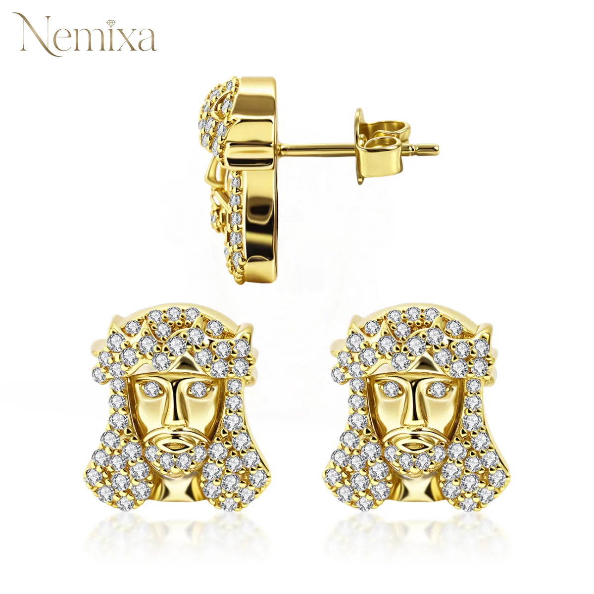 Nemixa Jesus Head Moissanite Stud Earrings, D Color VVS Lab-Created Moissanite, Gold-Tone Copper, 0.7 CTW-Nemixa