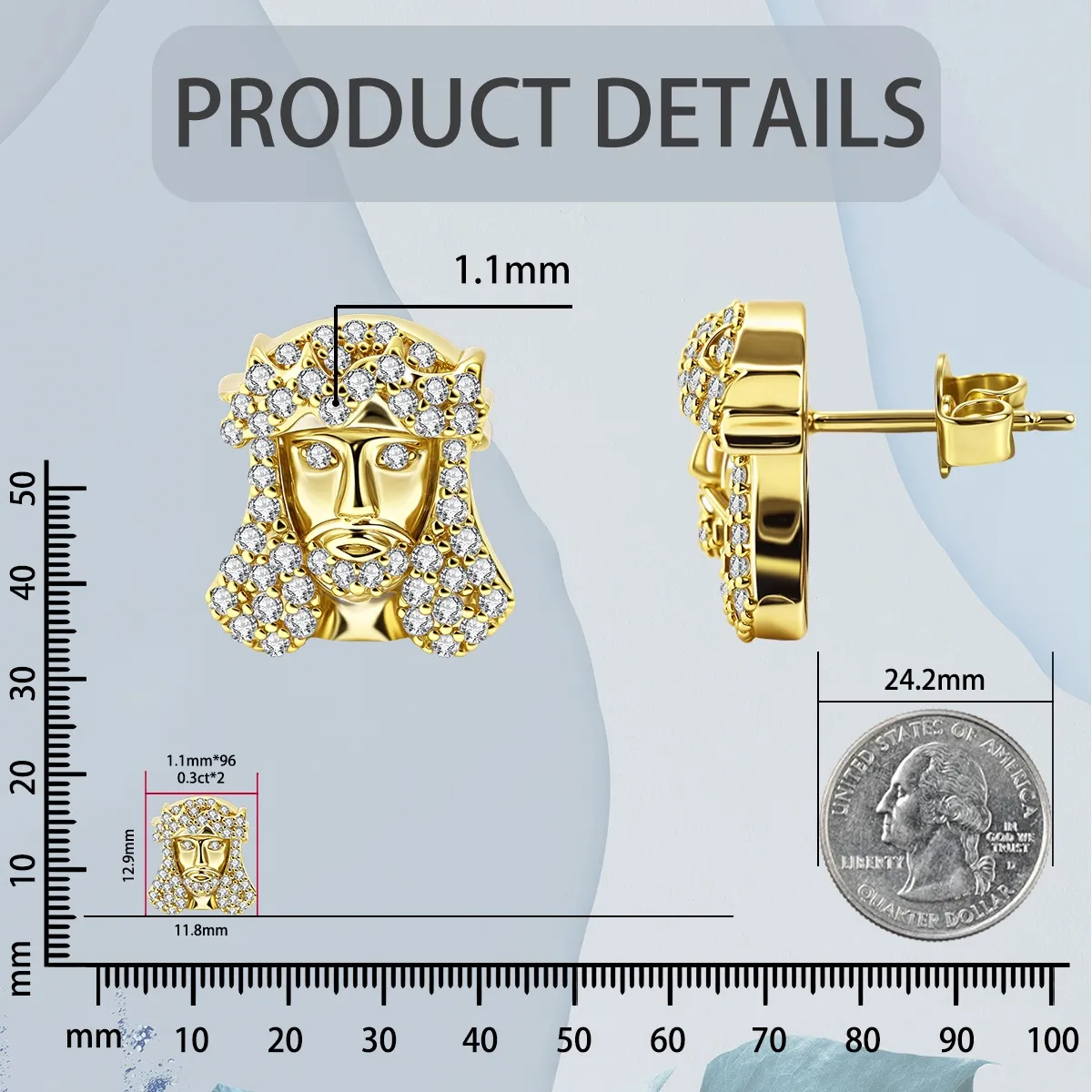 Nemixa Jesus Head Moissanite Stud Earrings, D Color VVS Lab-Created Moissanite, Gold-Tone Copper, 0.7 CTW-Nemixa