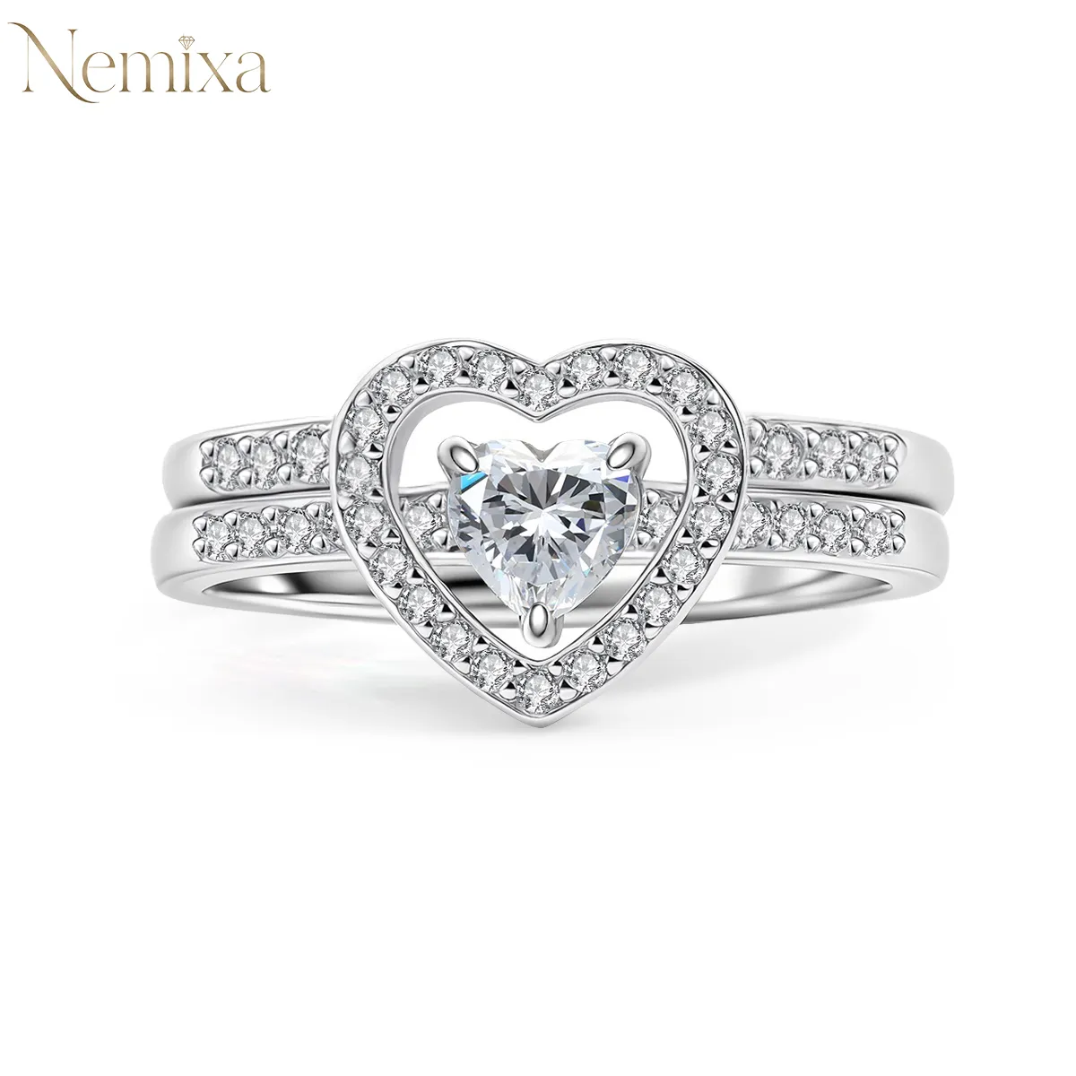 Nemixa Heart-Cut Lab-Created Moissanite Stackable Ring Set, S925 Sterling Silver/Copper, Wedding & Promise Ring