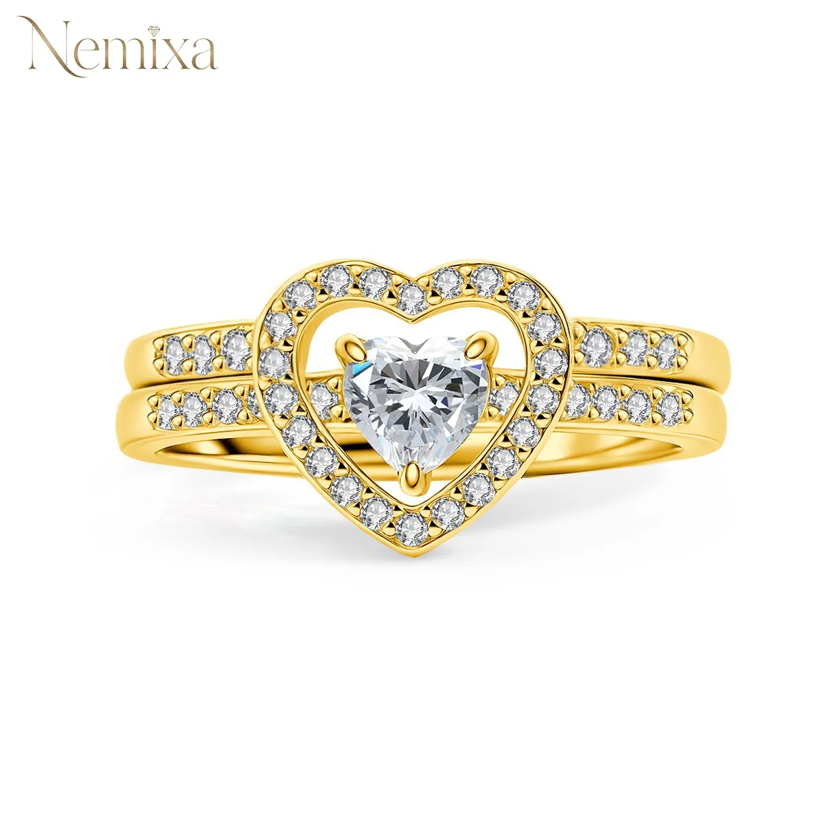 Nemixa Heart-Cut Lab-Created Moissanite Stackable Ring Set, S925 Sterling Silver/Copper, Wedding & Promise Ring