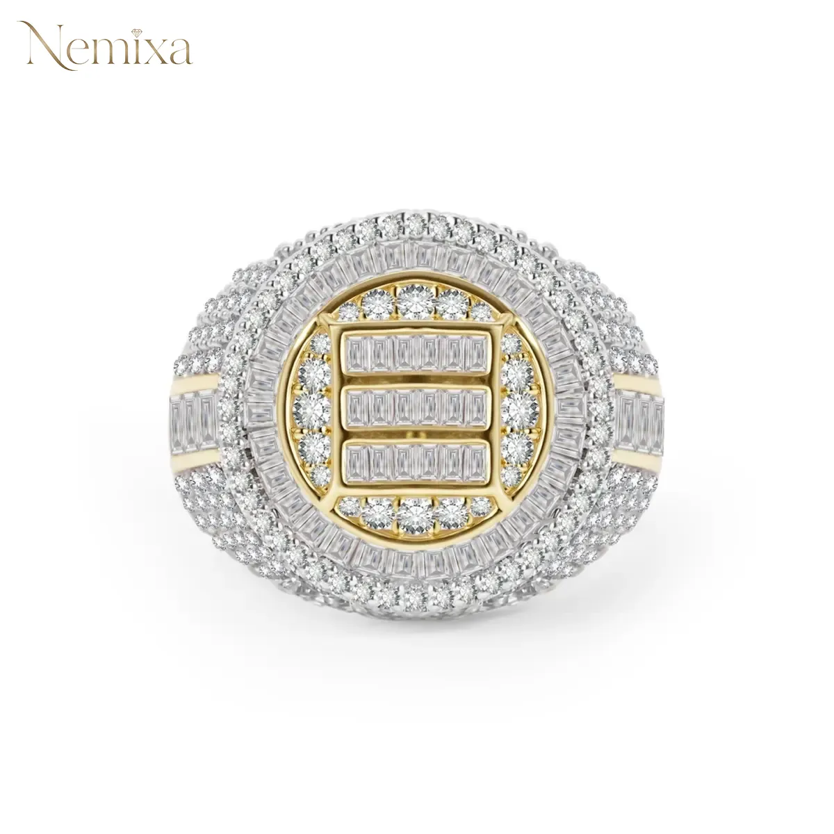 Nemixa 3 CTW Lab-Created Moissanite Iced-Out Band Ring, Baguette, Trapezoid & Round Cut, Hip Hop Style, Copper