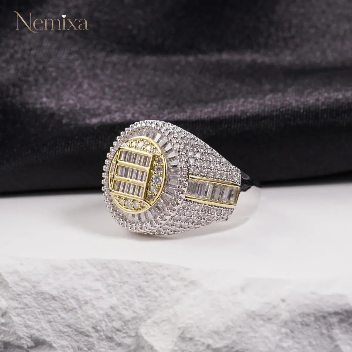 Nemixa 3 CTW Iced-Out Moissanite Band Ring, VVS Lab-Created Moissanite, Mixed-Cut Copper Hip Hop Ring-Nemixa