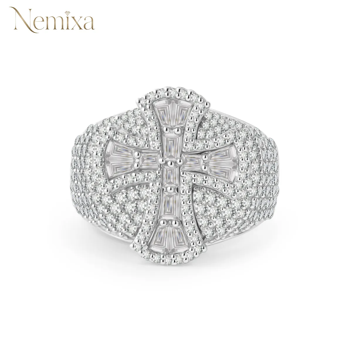 Nemixa 2 CTW Iced-Out Cross Moissanite Ring, VVS Lab-Created Moissanite, Gothic Hip Hop Copper Ring-Nemixa