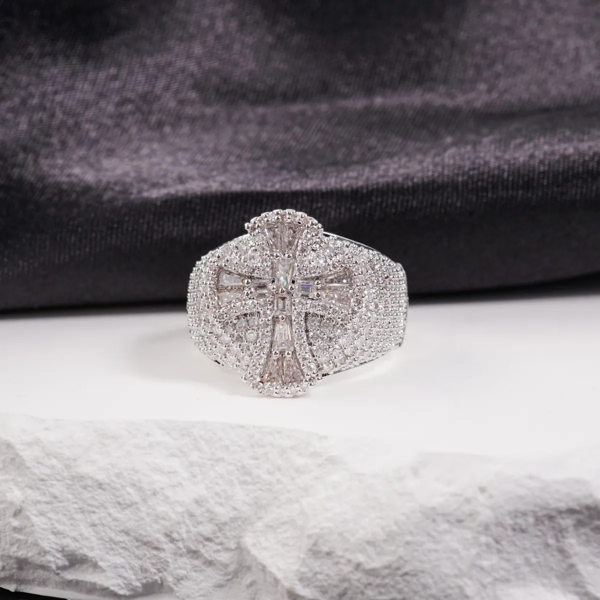 Nemixa 2 CTW Iced-Out Cross Moissanite Ring, VVS Lab-Created Moissanite, Gothic Hip Hop Copper Ring-Nemixa