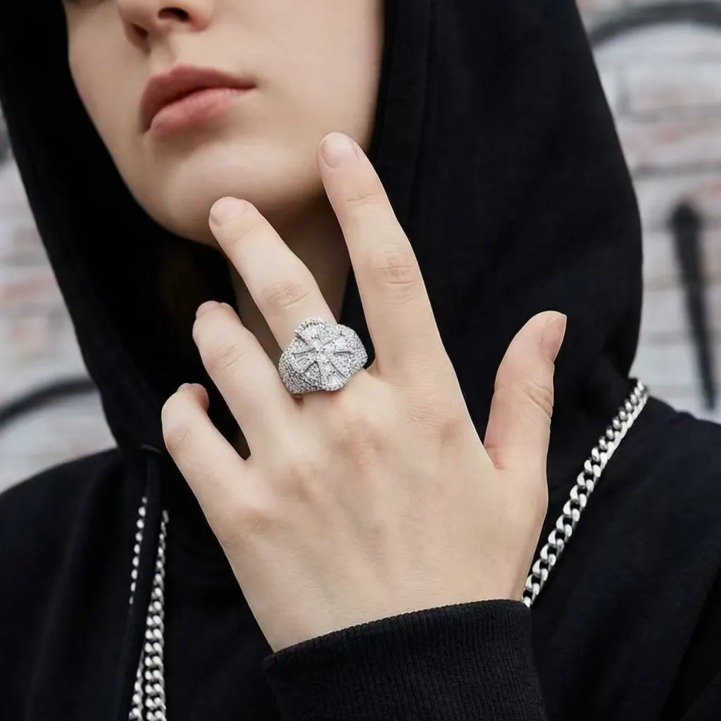 Nemixa 2 CTW Iced-Out Cross Moissanite Ring, VVS Lab-Created Moissanite, Gothic Hip Hop Copper Ring-Nemixa