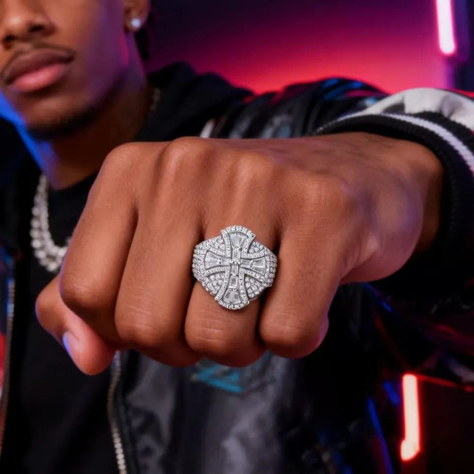 Nemixa 2 CTW Iced-Out Cross Moissanite Ring, VVS Lab-Created Moissanite, Gothic Hip Hop Copper Ring-Nemixa