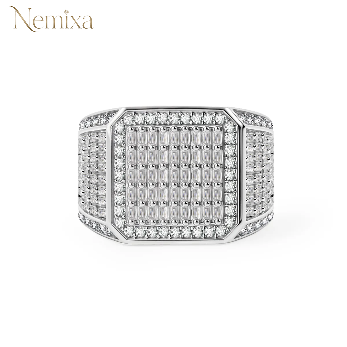 Nemixa 1.8 CTW Square Signet Moissanite Ring, VVS Lab-Created Moissanite, Iced-Out Unisex Hip Hop Ring-Nemixa