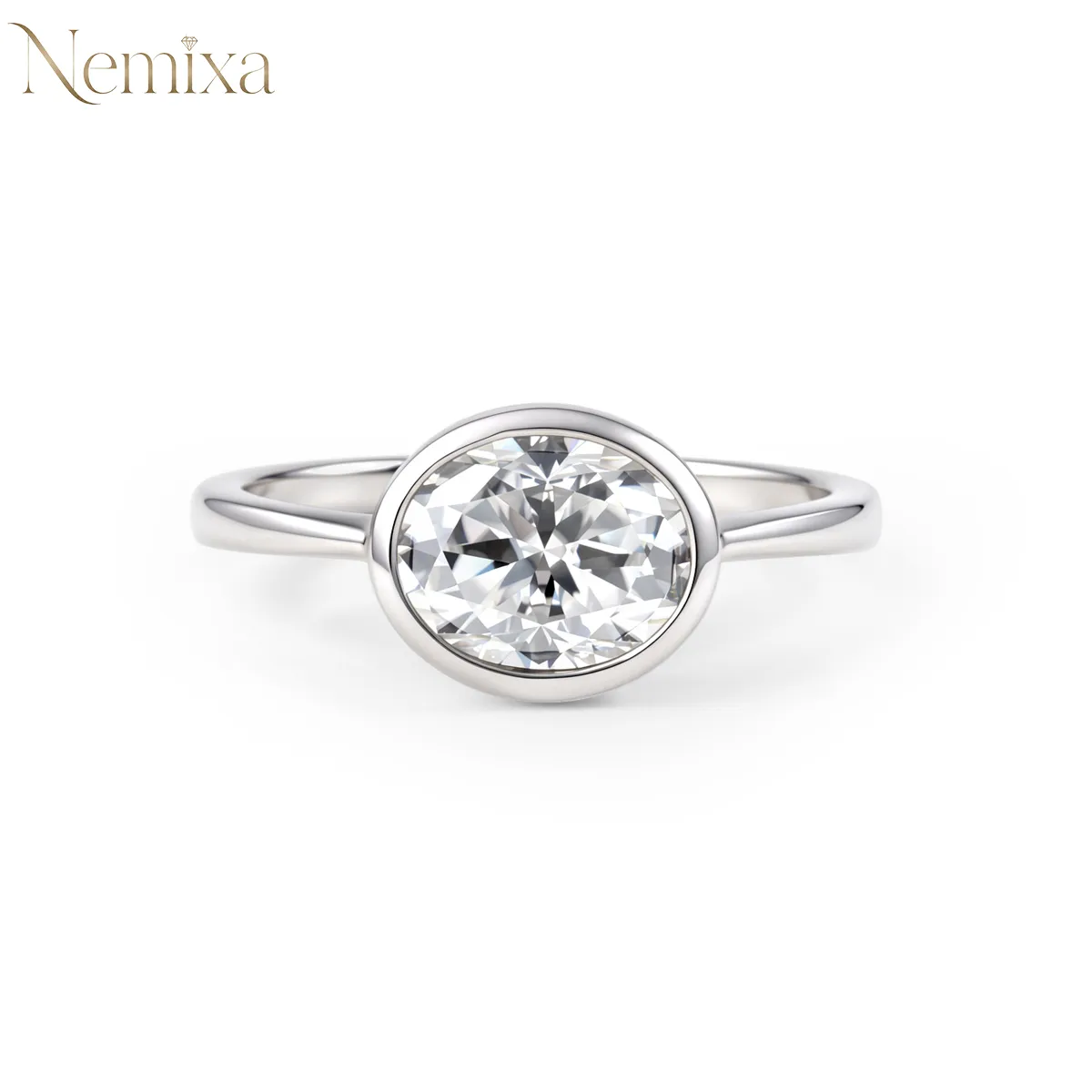 Nemixa East-West Oval-Cut Lab-Created Moissanite Engagement Ring, Bezel Setting, Silver-Tone Copper Band