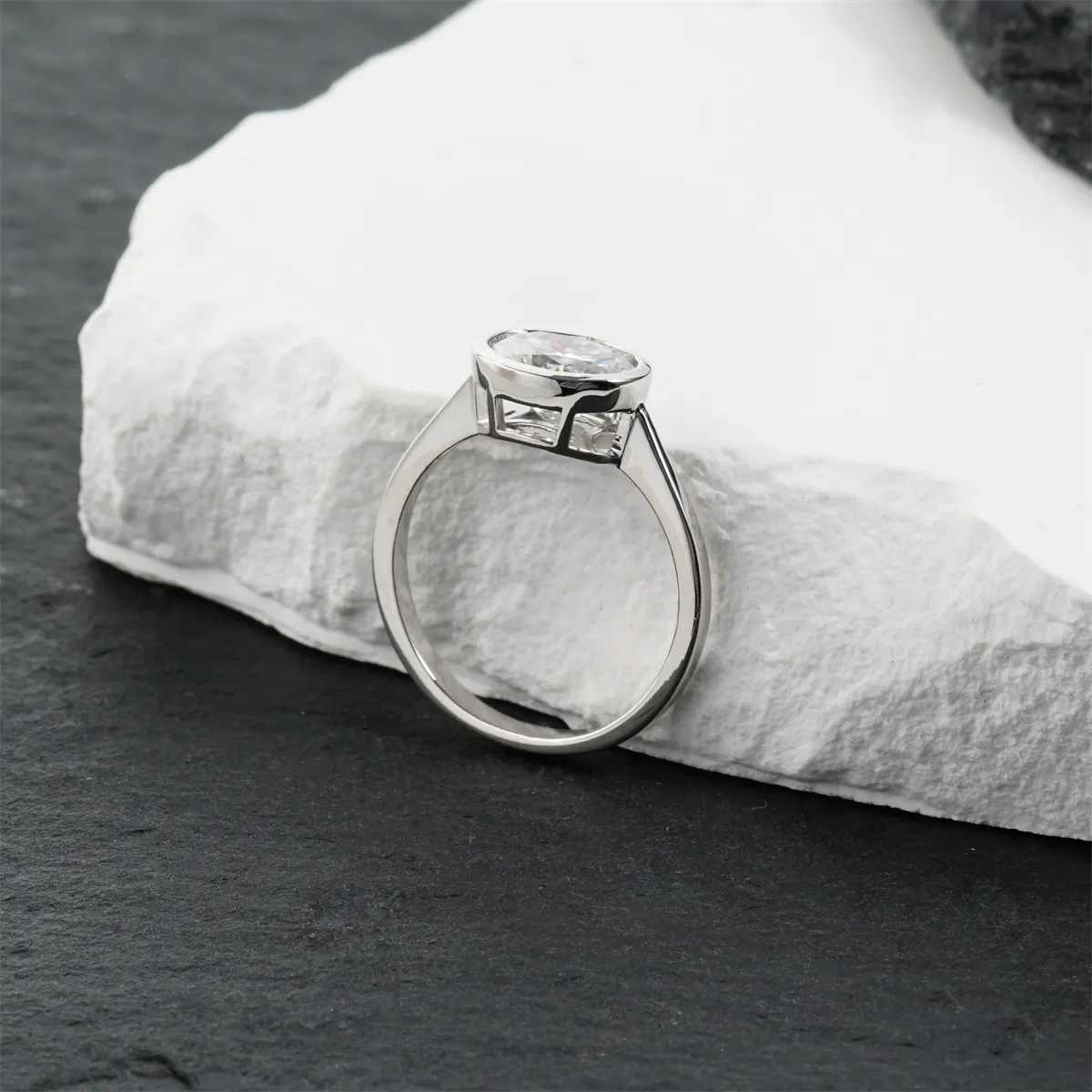 Nemixa East-West Oval-Cut Lab-Created Moissanite Engagement Ring, Bezel Setting, Silver-Tone Copper Band