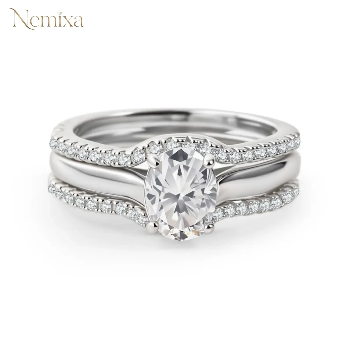 Nemixa 1.8 CTW Oval Cut Lab-Created Moissanite Engagement Ring Set, Triple Stackable Rings with Round Accents, Copper