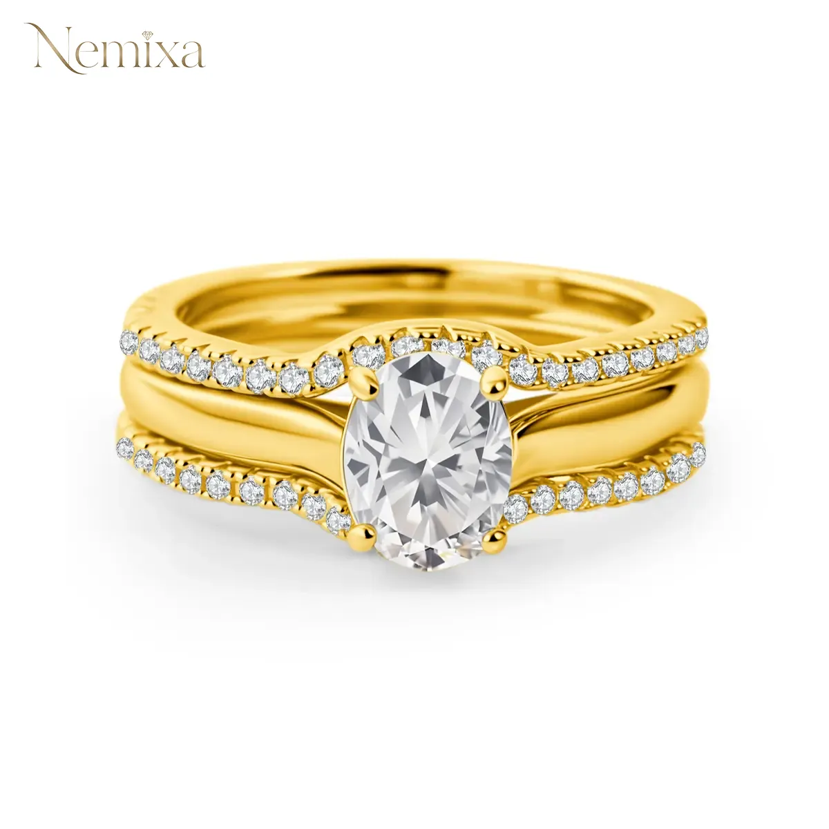 Nemixa 1.8 CTW Oval Cut Lab-Created Moissanite Engagement Ring Set, Triple Stackable Rings with Round Accents, Copper