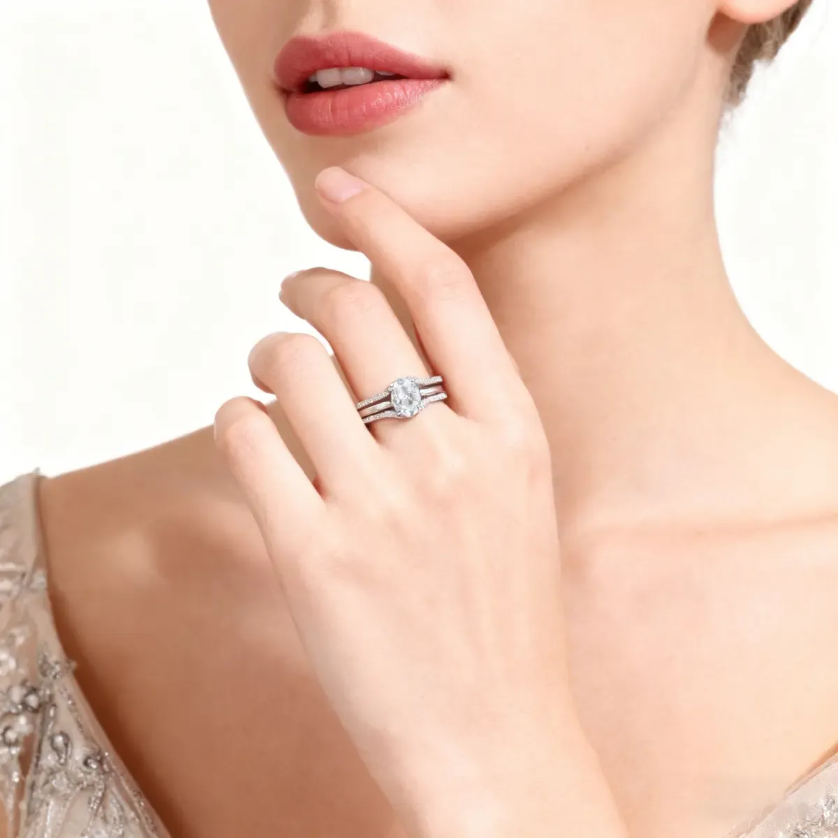 Nemixa 1.8 CTW Oval Cut Moissanite Triple Ring Set, D Color VVS Lab-Created Moissanite, Stackable Copper Rings-Nemixa