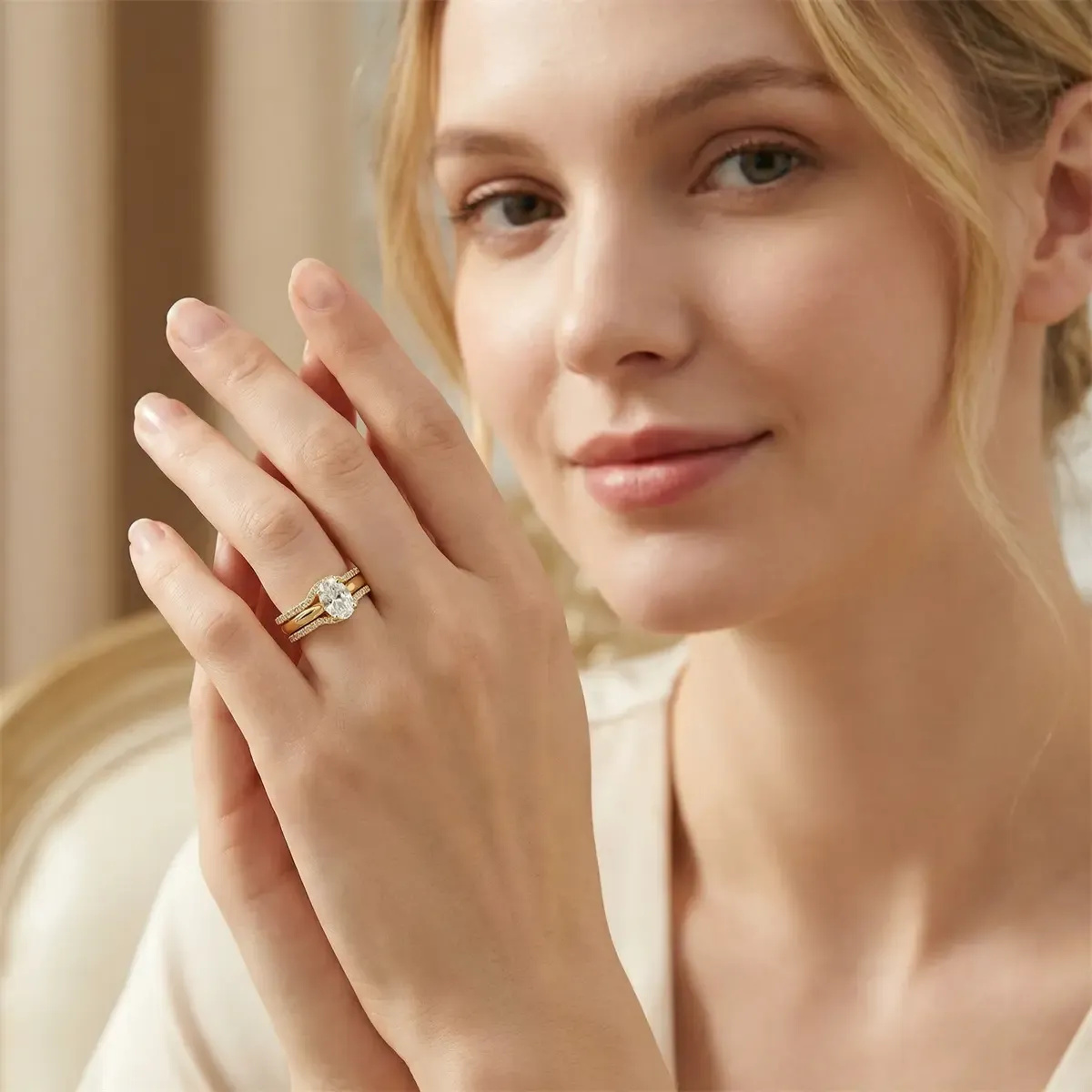 Nemixa 1.8 CTW Oval Cut Moissanite Triple Ring Set, D Color VVS Lab-Created Moissanite, Stackable Copper Rings-Nemixa