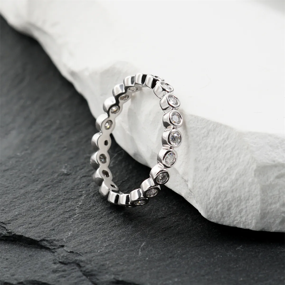 Nemixa Lab-Created Moissanite Bubble Bezel-Set Eternity Band Ring, Silver-Tone Copper, Wedding Band