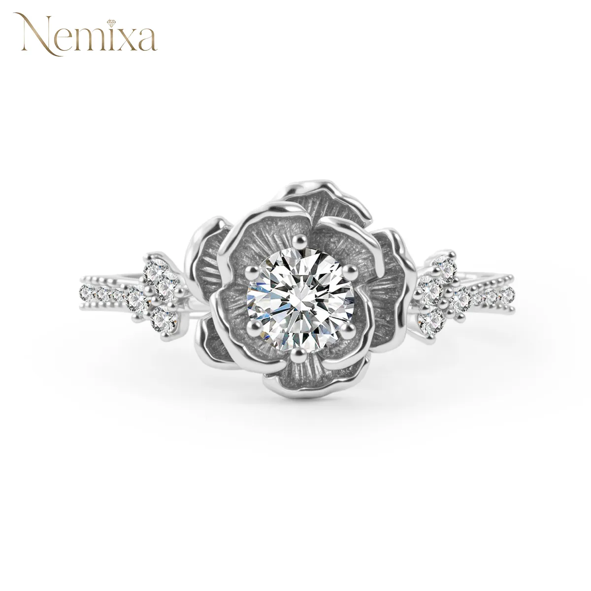 Nemixa Lab-Created Moissanite Flower Ring, Petal-Inspired Floral Design, Gold or Silver-Tone Alloy