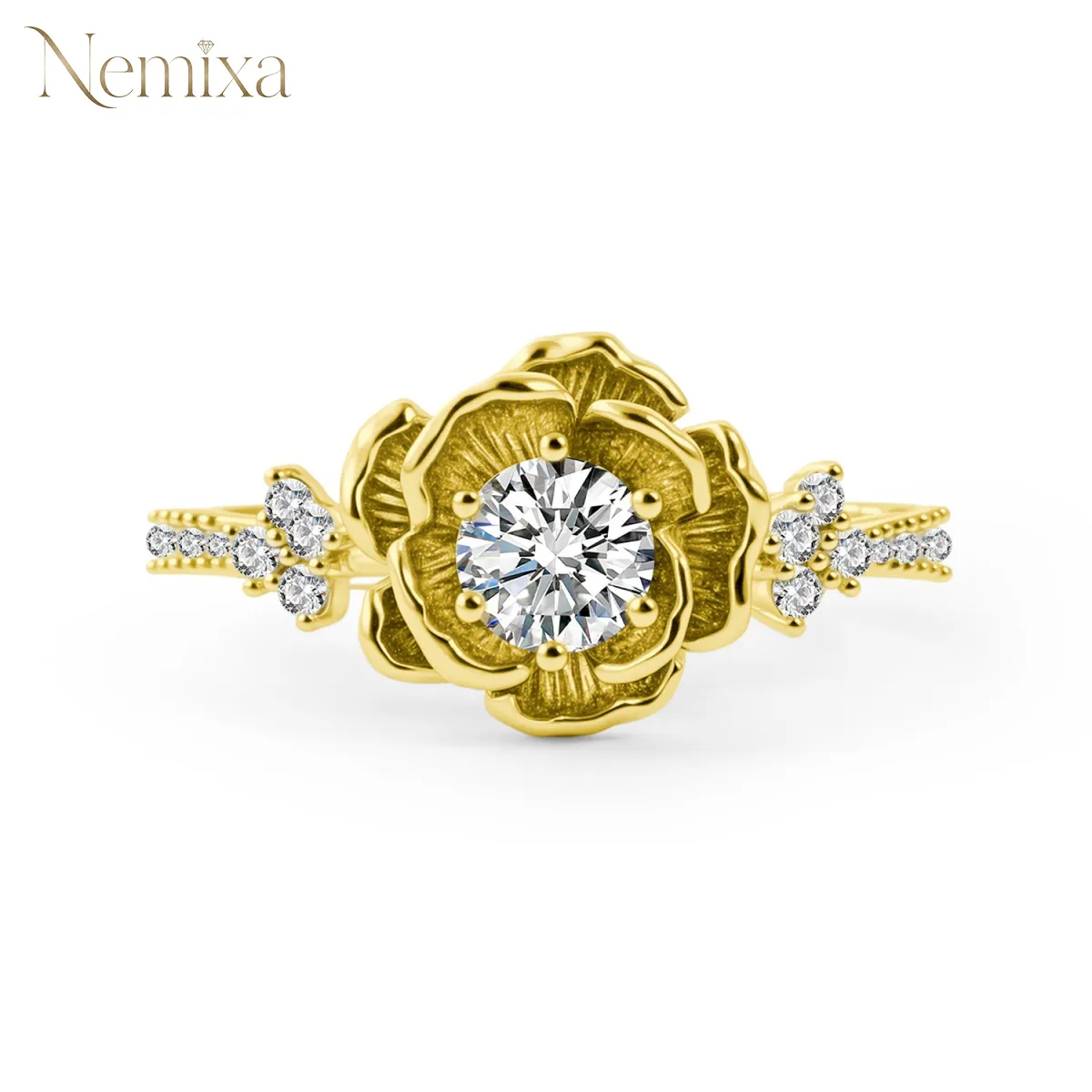 Nemixa Lab-Created Moissanite Flower Ring, Petal-Inspired Floral Design, Gold or Silver-Tone Alloy