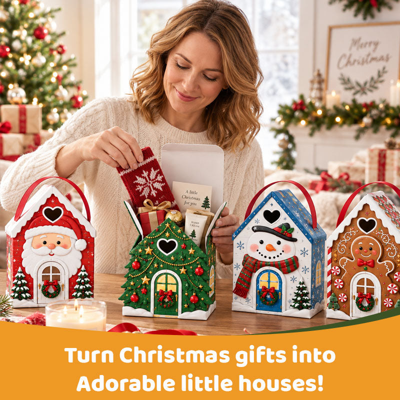 Geschenkbox „Christmas Cottage“ mit Griff – 3D-Geschenkverpackung für Weihnachtssüßigkeiten und Plätzchen