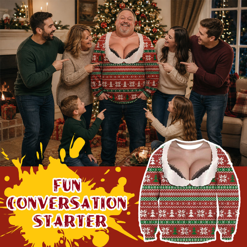 Lustiger 3D-Weihnachtspullover für Herren mit falschem Dekolleté