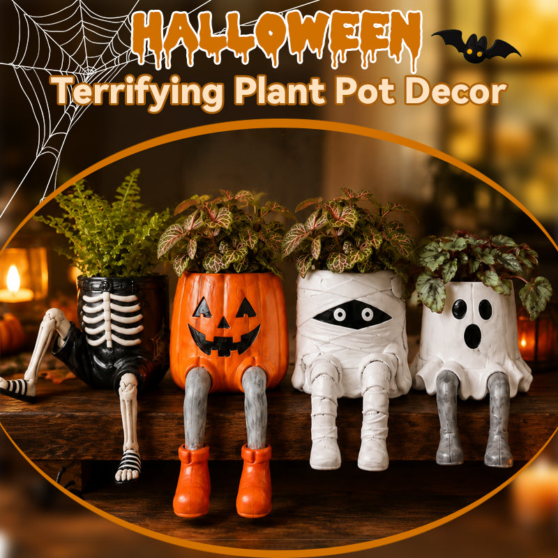 Halloween-Blumentöpfe in Form von Figuren mit herunterhängenden Beinen