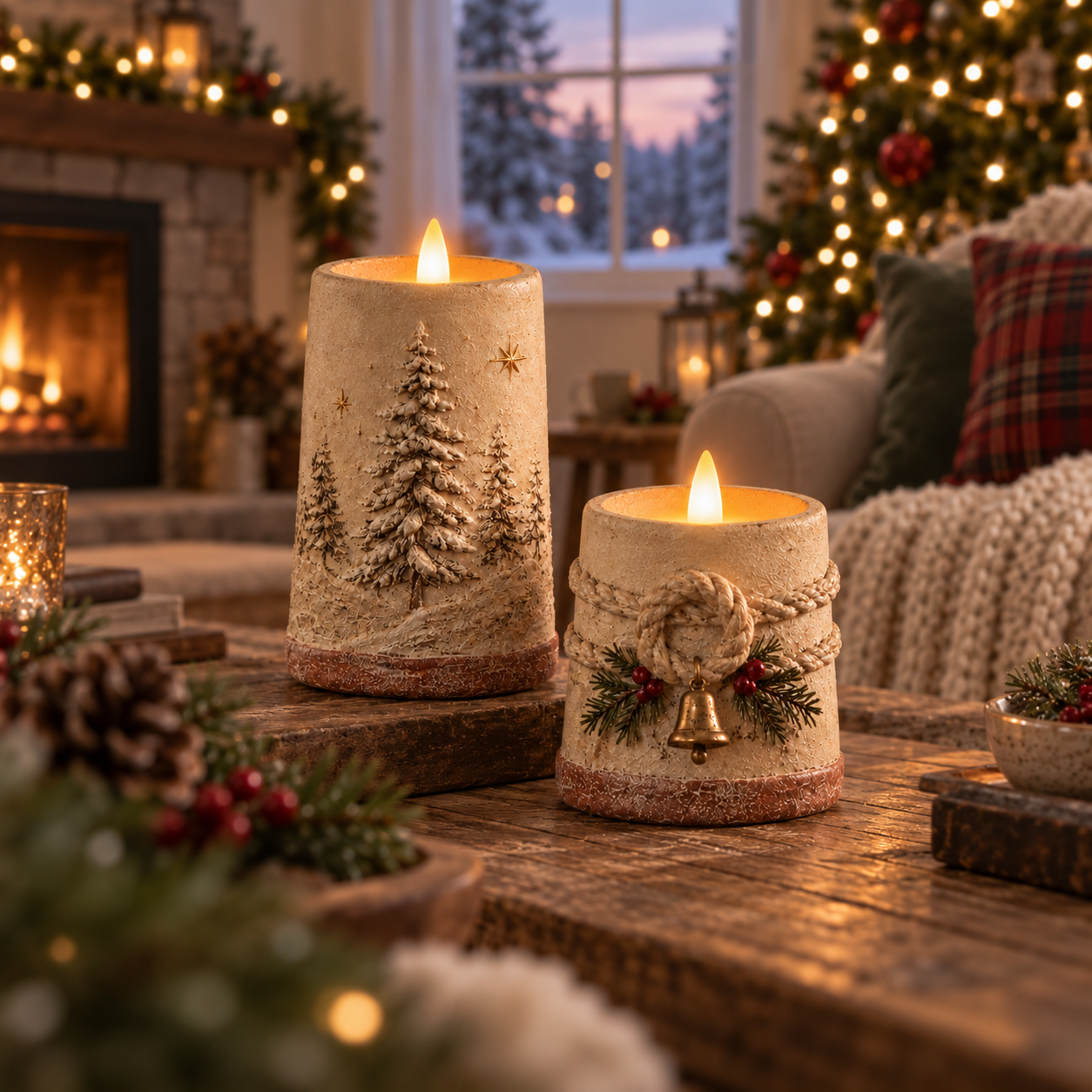 Rustikale Weihnachtsdekoration mit flammenlosen LED-Kerzen