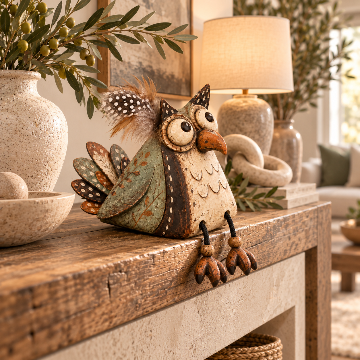   🦉 Rustikale Dekoration mit einer Eule, die auf einem Brett sitzt und deren Beine herunterhängen — Landhaus-Flair