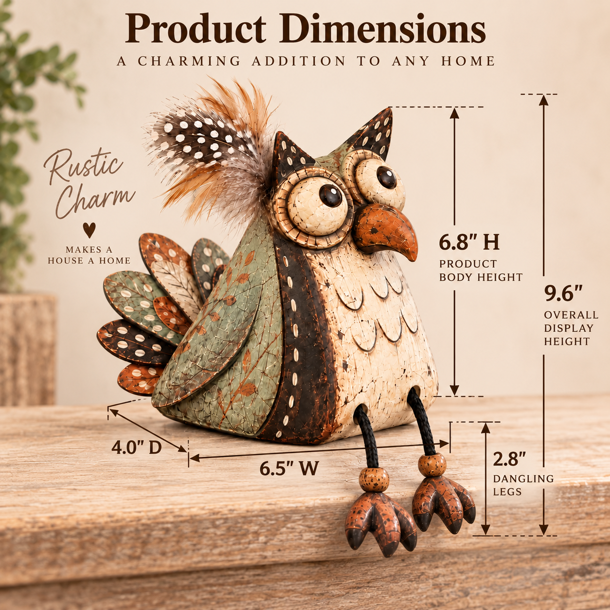  🦉 Rustikale Dekoration mit einer Eule, die auf einem Brett sitzt und deren Beine herunterhängen — Landhaus-Flair