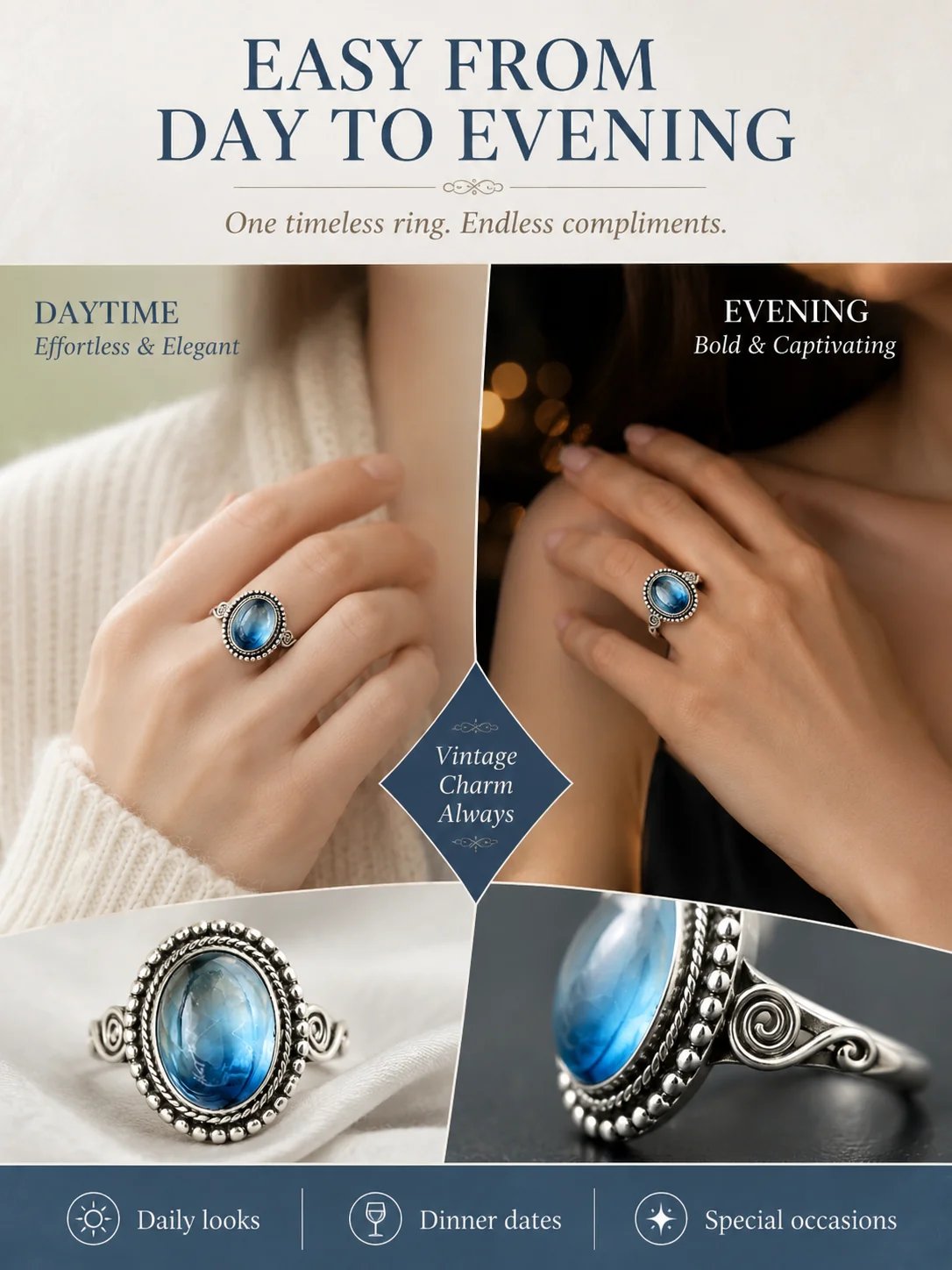 ✨ Zeitloser, schöner Ring aus Sterlingsilber im Vintage-Stil mit ovalem Mondstein