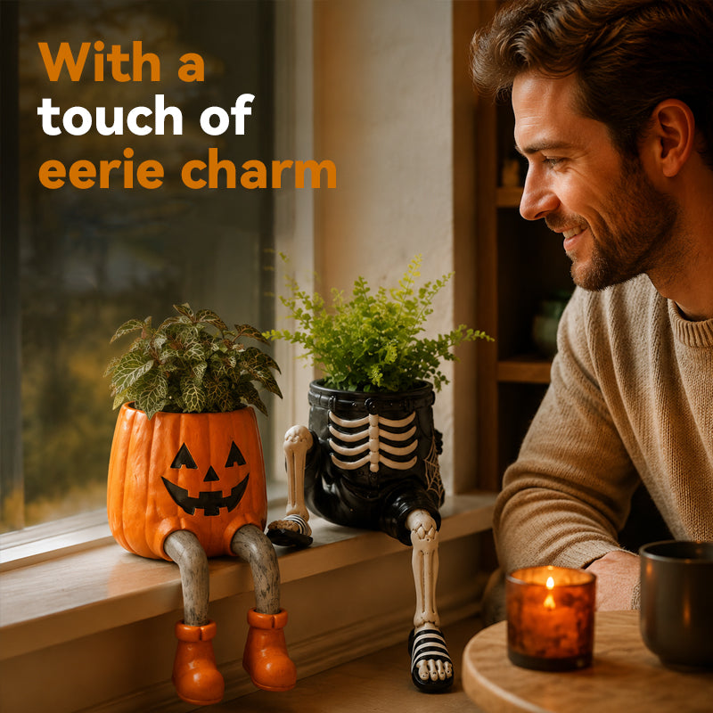 Halloween-Blumentöpfe in Form von Figuren mit herunterhängenden Beinen