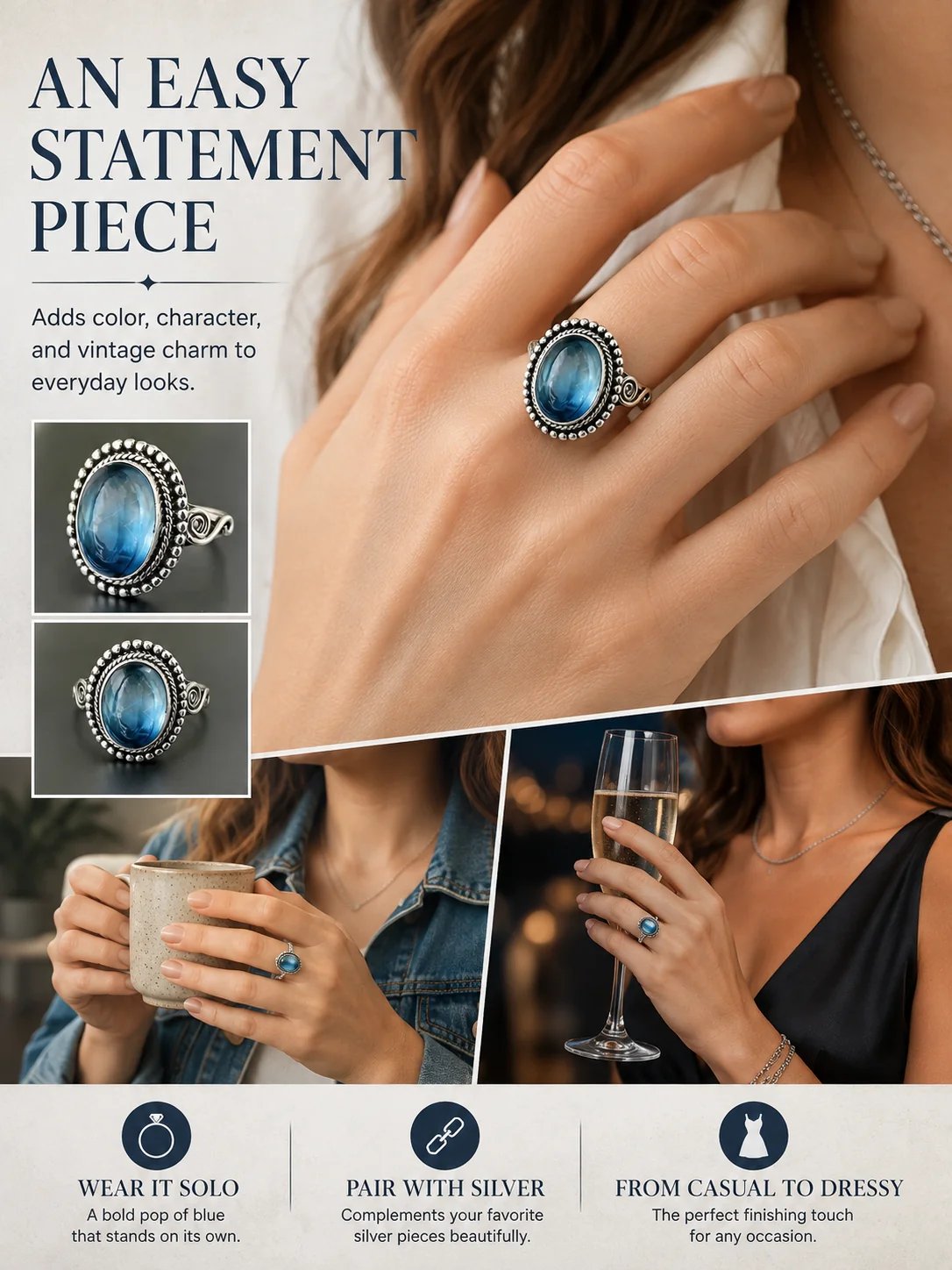✨ Zeitloser, schöner Ring aus Sterlingsilber im Vintage-Stil mit ovalem Mondstein