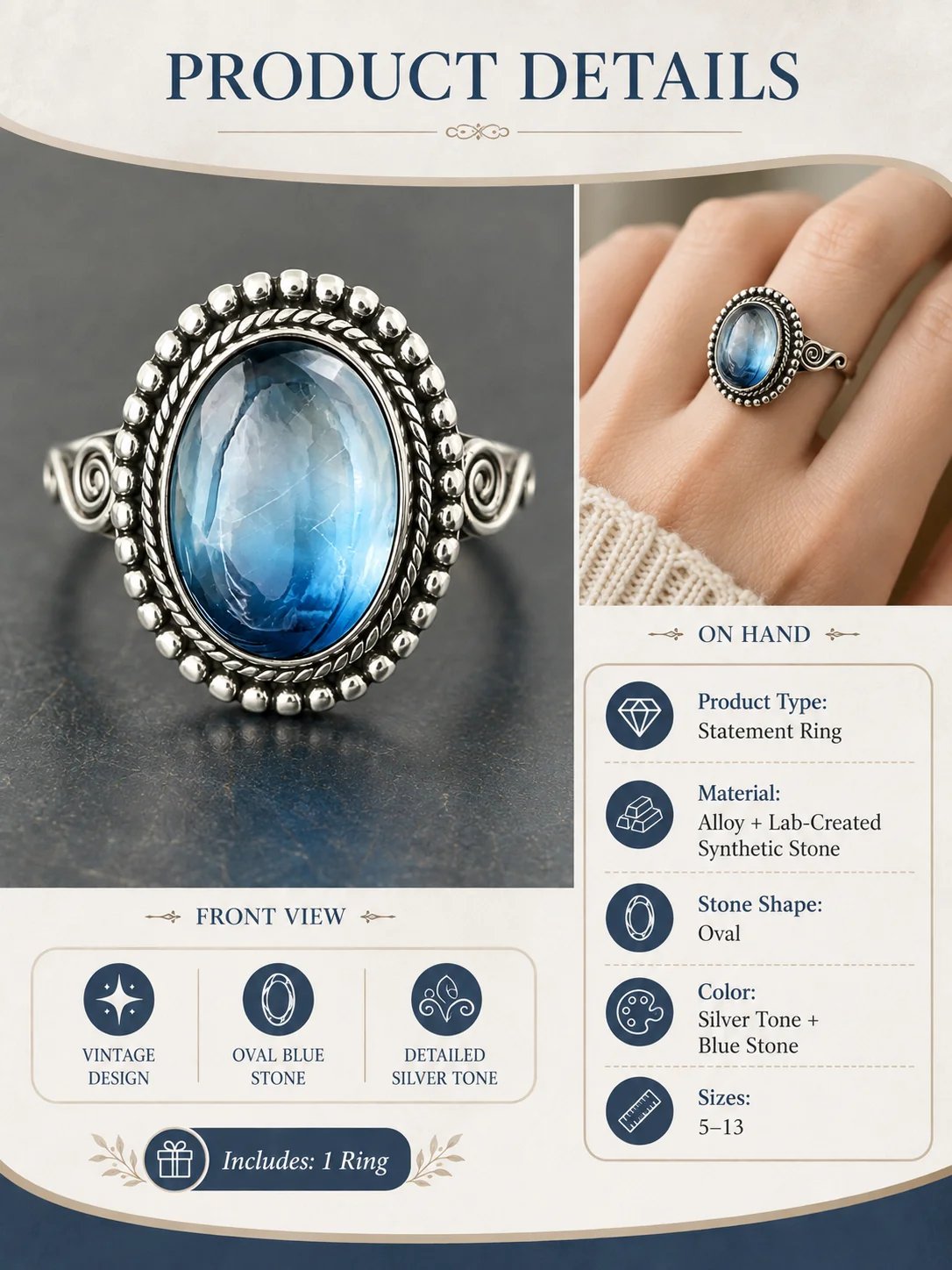 ✨ Zeitloser, schöner Ring aus Sterlingsilber im Vintage-Stil mit ovalem Mondstein