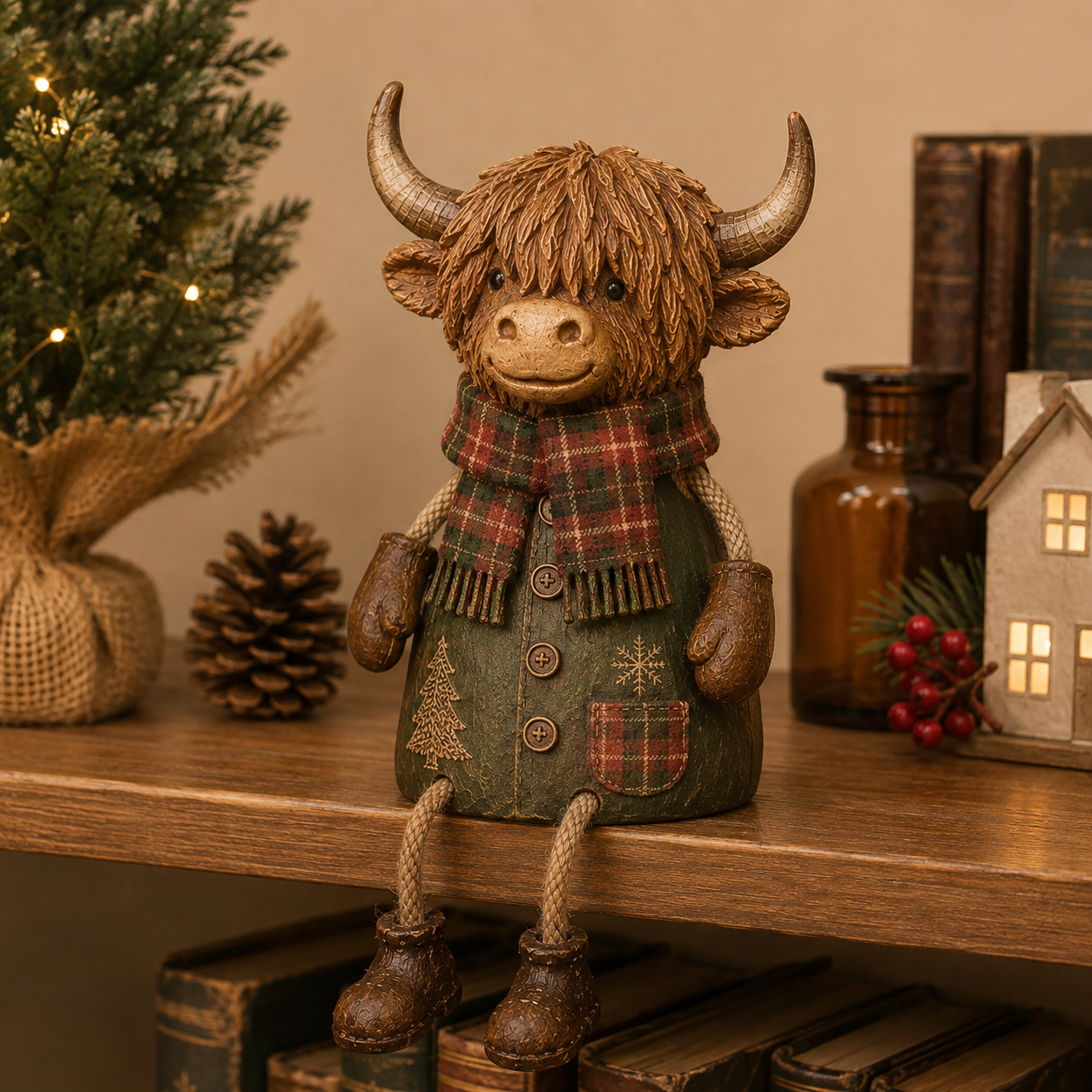 Festlicher Regalfigur „Highland Cow“ – Rustikale Weihnachtsdekoration für zu Hause