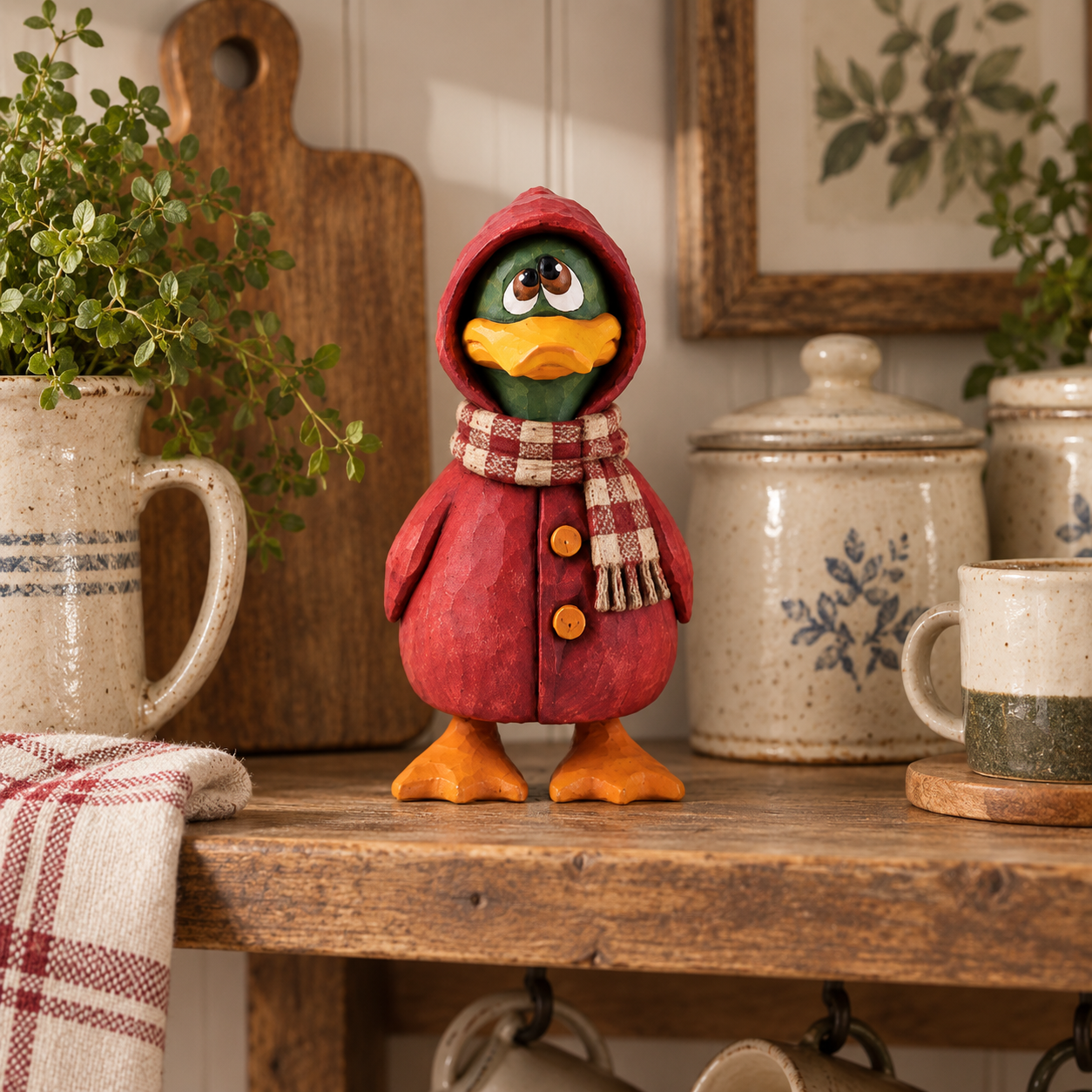   Rustikale Holzfigur einer Ente mit Schal
