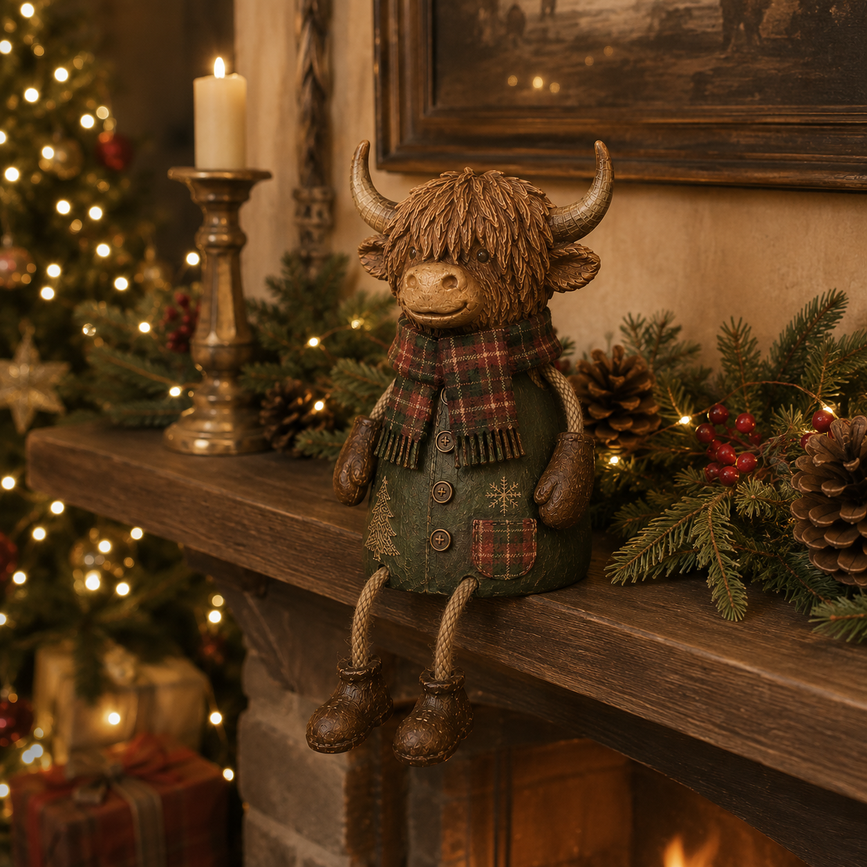 Festlicher Regalfigur „Highland Cow“ – Rustikale Weihnachtsdekoration für zu Hause