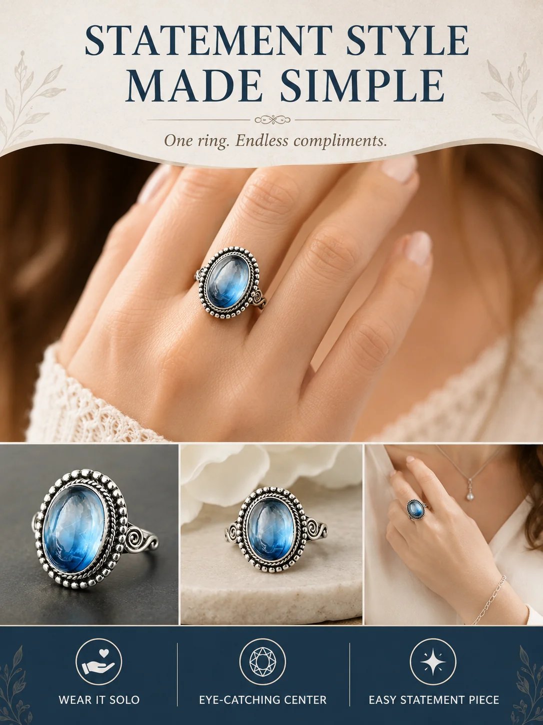 ✨ Zeitloser, schöner Ring aus Sterlingsilber im Vintage-Stil mit ovalem Mondstein
