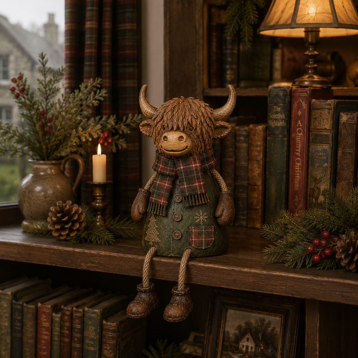 Festlicher Regalfigur „Highland Cow“ – Rustikale Weihnachtsdekoration für zu Hause